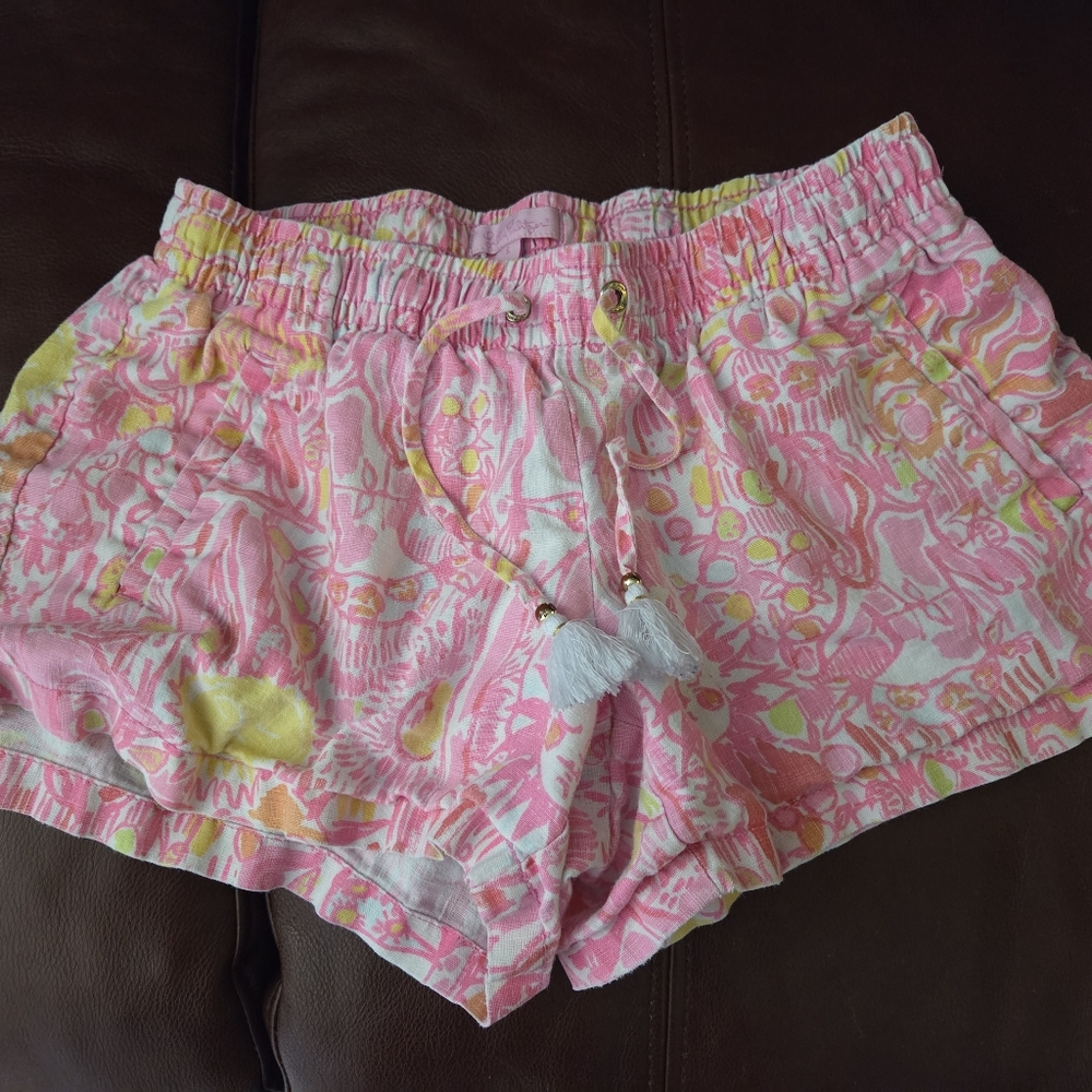 Lilly Pulitzer Bay Breeze Pink Pout More Kini in the Keys Linen Shorts Size S
